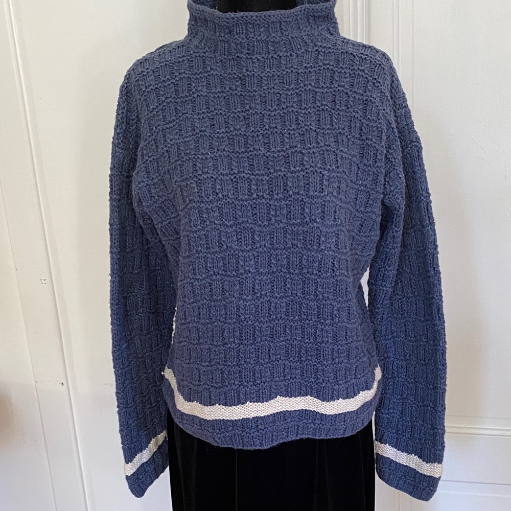 Vintage Cotton Rami Preppy Blue Mock Turtleneck Sweater.